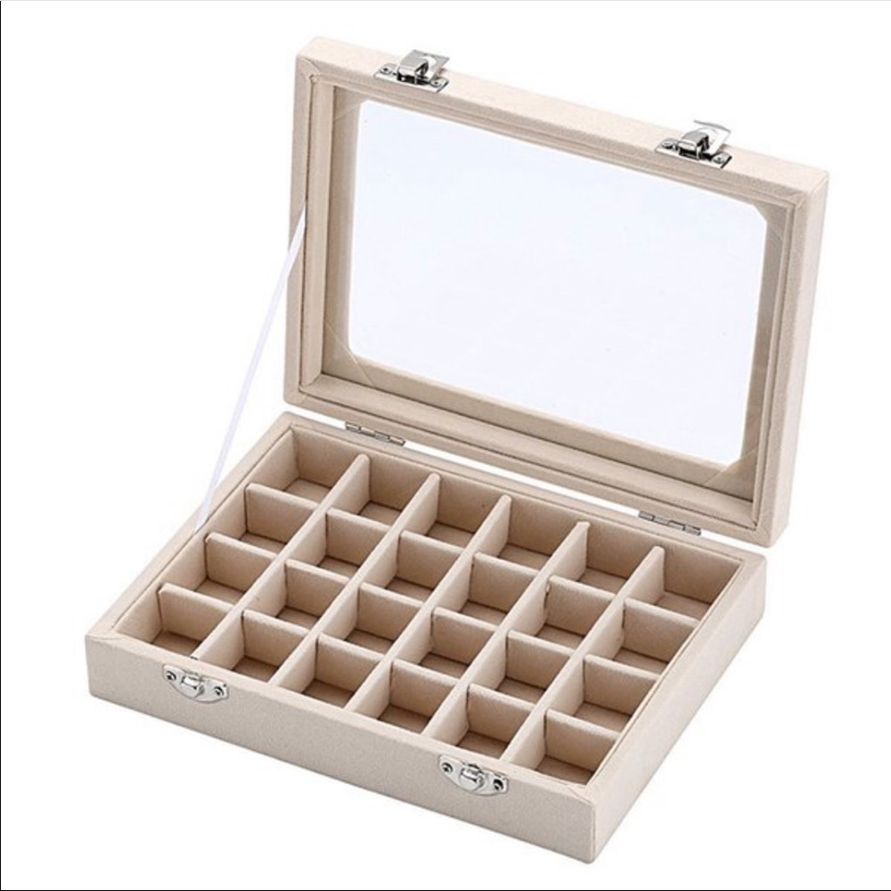 Velvet Grid Jewelry Trinket Box 24 Earrings Ring Holder Glass Top Organizer
